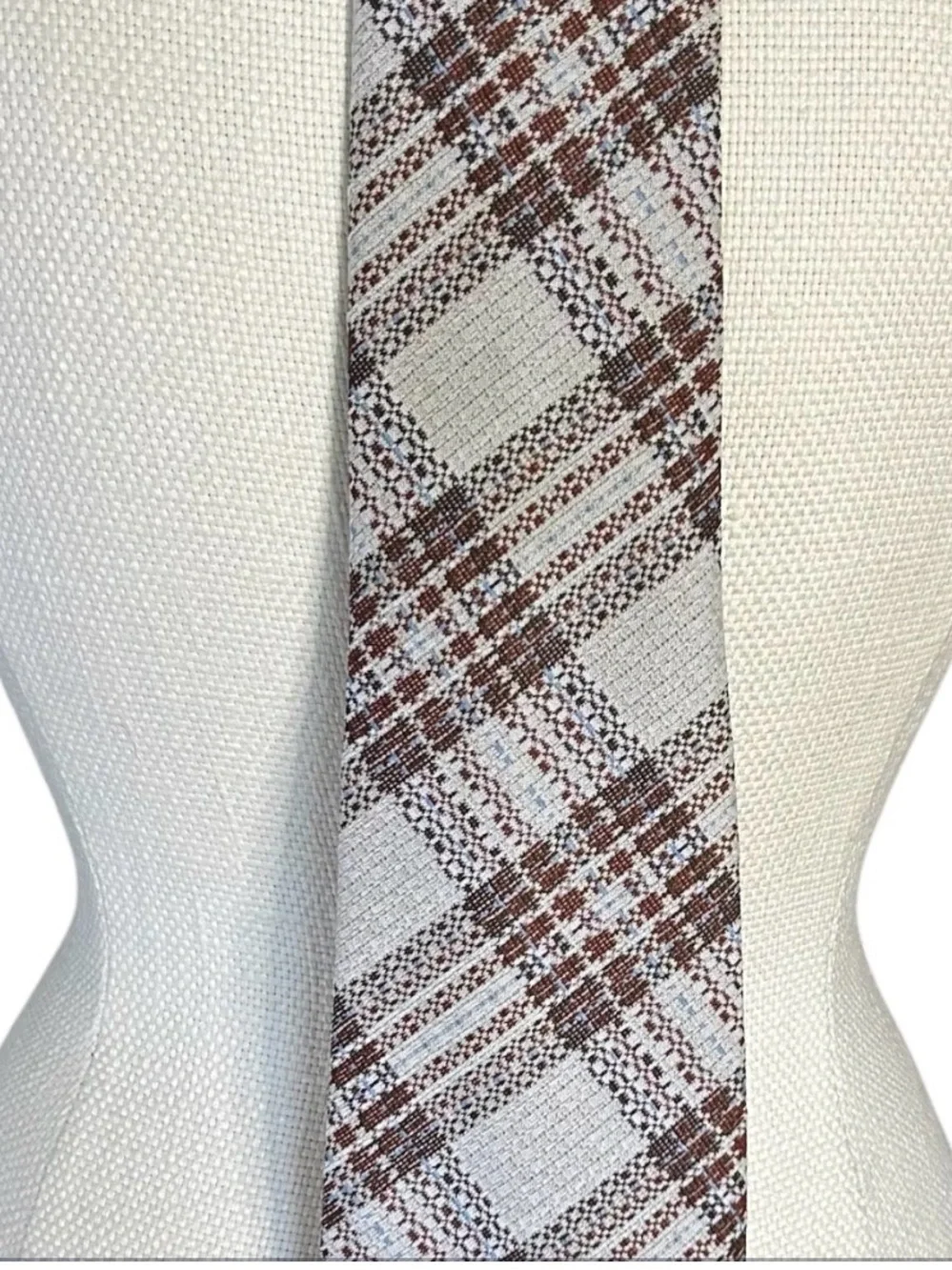 Vintage 70s Plaid Necktie Wide Brown Cream Blue Woven Grandpa Core Office Siren